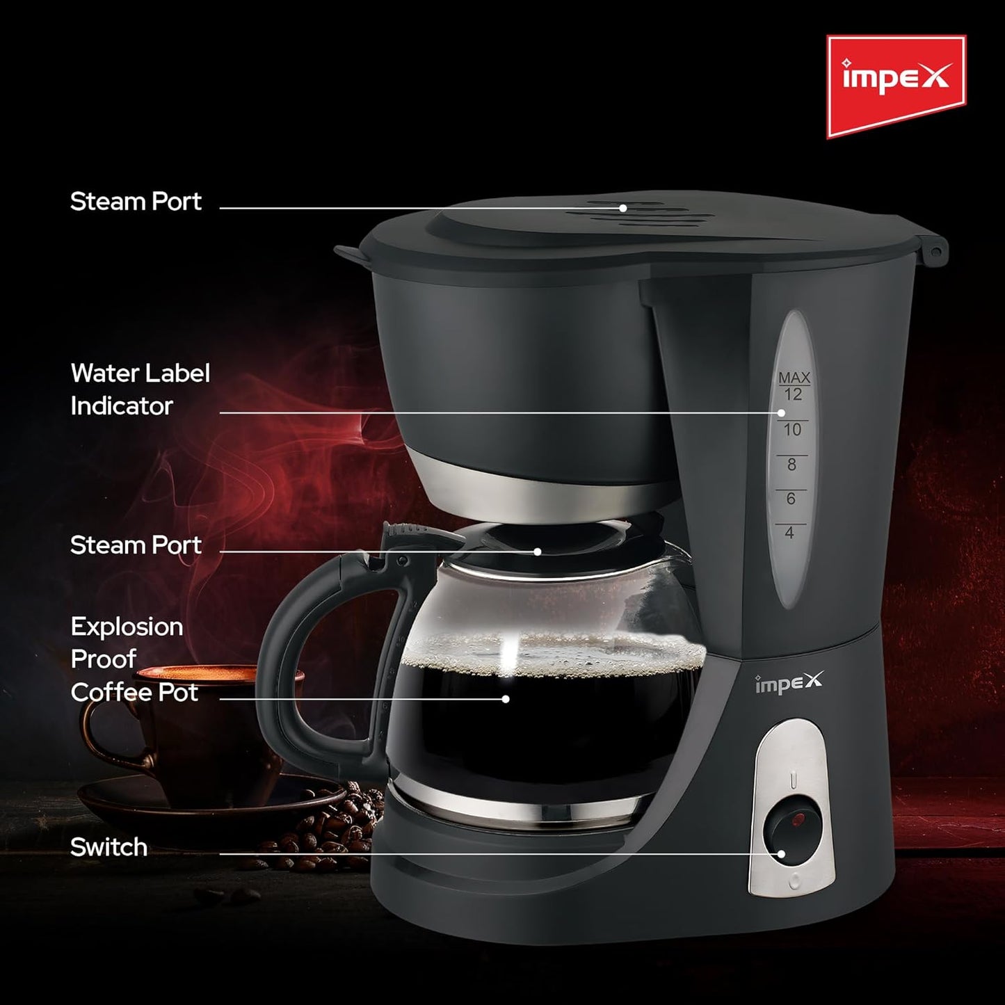 Impex 1.25L Drip Cofee Maker 800W (CM1912) صانعة القهوة بالتنقيط