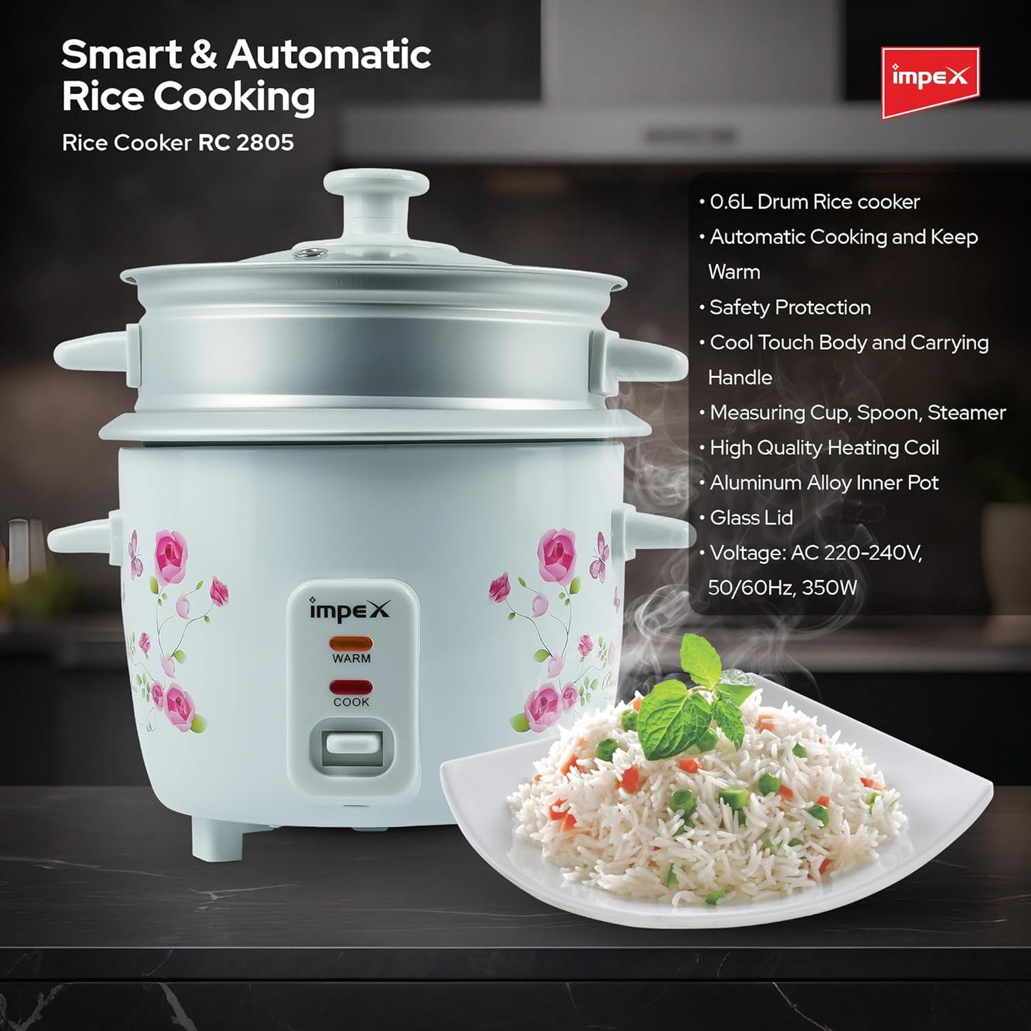 Impex Electric Rice Cooker 0.6 Ltr (RC 2805) قدر طبخ الأرز الكهربائي من إمبكس بسعة 0.6 لتر (RC 2805)