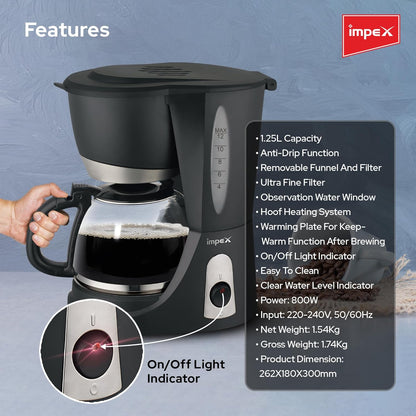 Impex 1.25L Drip Cofee Maker 800W (CM1912) صانعة القهوة بالتنقيط