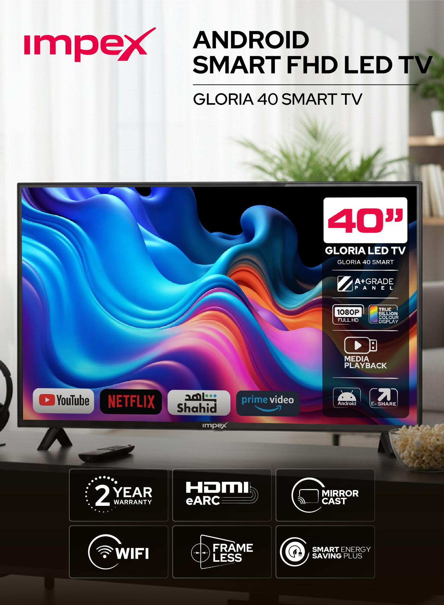 Impex Gloria 40-inch smart TV with features and branding displayed.