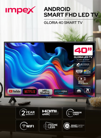 Impex Gloria 40-inch smart TV with features and branding displayed.