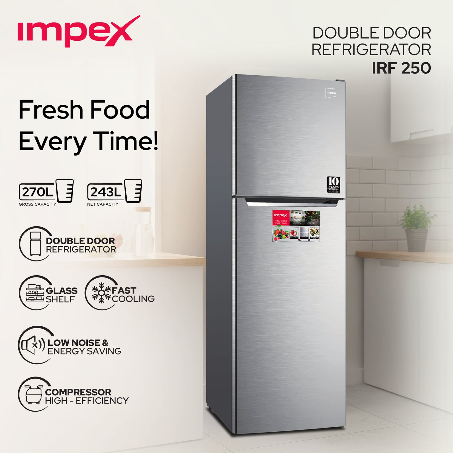 Impex 270L No Frost Inverter Refrigerator (IRF250S) ثلاجة