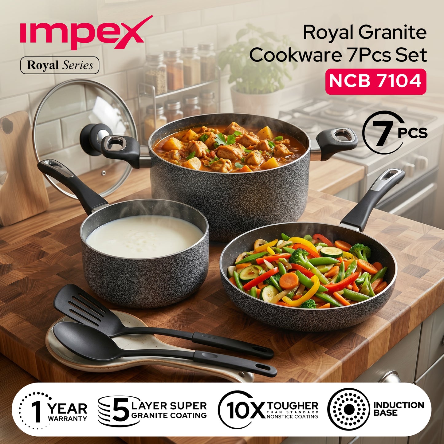 Impex Royal Nonstick Granite Cookware 7Pcs Set NCB7104 أواني طهي جرانيت رويال غير لاصقة من إيمبكس، طقم 7 قطع NCB7104