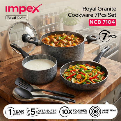 Impex Royal Nonstick Granite Cookware 7Pcs Set NCB7104 أواني طهي جرانيت رويال غير لاصقة من إيمبكس، طقم 7 قطع NCB7104