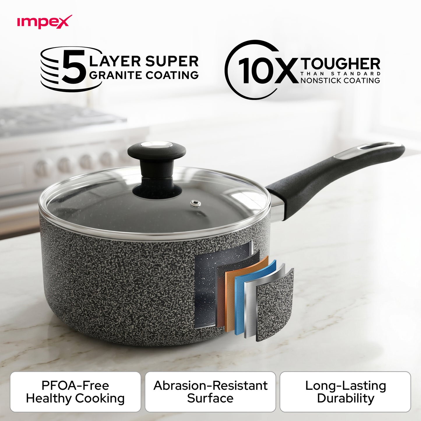 Impex Royal Nonstick Granite Cookware 7Pcs Set NCB7104 أواني طهي جرانيت رويال غير لاصقة من إيمبكس، طقم 7 قطع NCB7104