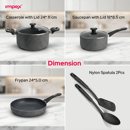 Impex Royal Nonstick Granite Cookware 7Pcs Set NCB7104 أواني طهي جرانيت رويال غير لاصقة من إيمبكس، طقم 7 قطع NCB7104